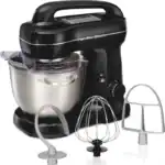 Black stand mixer with stainless bowl and attachments