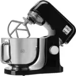 Black and silver stand mixer with mixing bowl