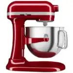 Red stand mixer with stainless steel bowl