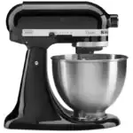 Black stand mixer with stainless steel bowl